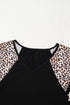 Black Leopard Print Patchwork Ruffled Sleeve V Neck T Shirt